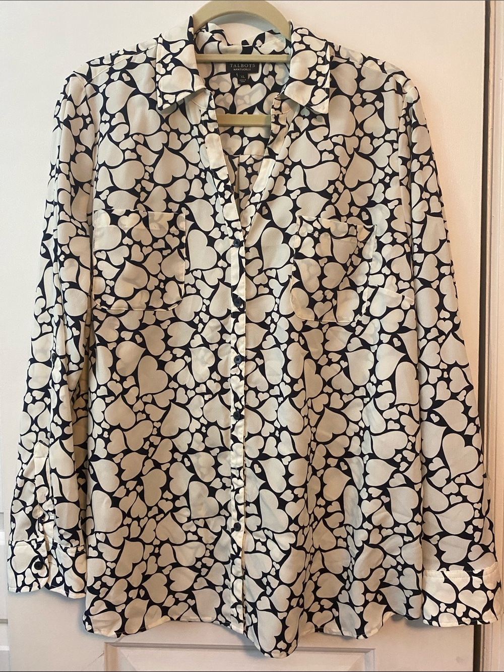 Talbots Black and Cream Heart-Print Button Front Blouse